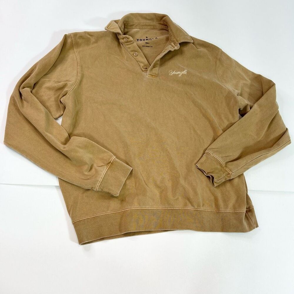 YoungLA Shirt Mens Small tan Solid Long Sleeve Cotton Pointed Collar heavyweight